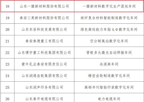 【喜報(bào)】 一滕新材料生產(chǎn)混包車(chē)間榮獲“泰安市數(shù)字化車(chē)間”